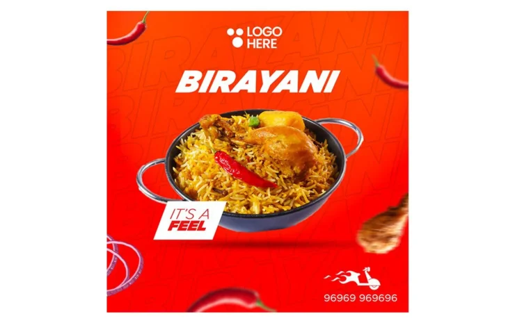 Free Biryani PSD file template with a customizable design for food promotions and restaurant advertising