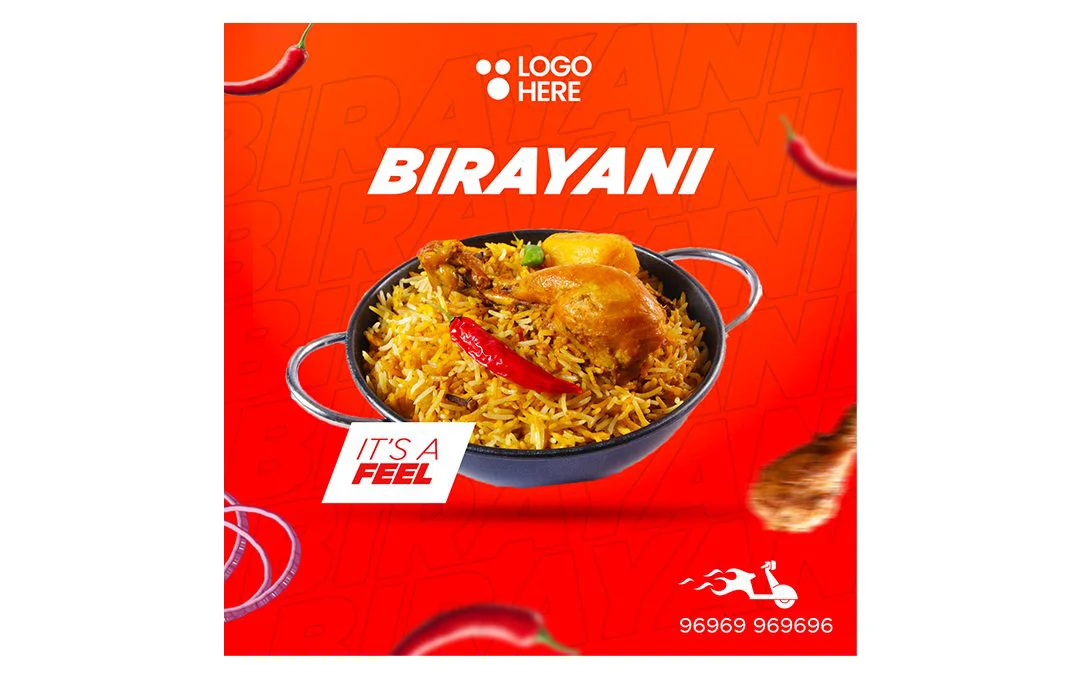 Free Biryani PSD file template with a customizable design for food promotions and restaurant advertising