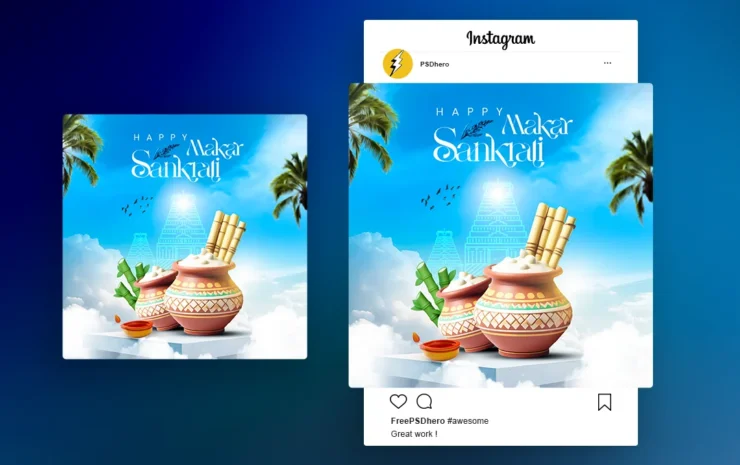 Creative Pongal PSD Template featuring colorful sugarcane, rice pots, and festive patterns with vibrant colors