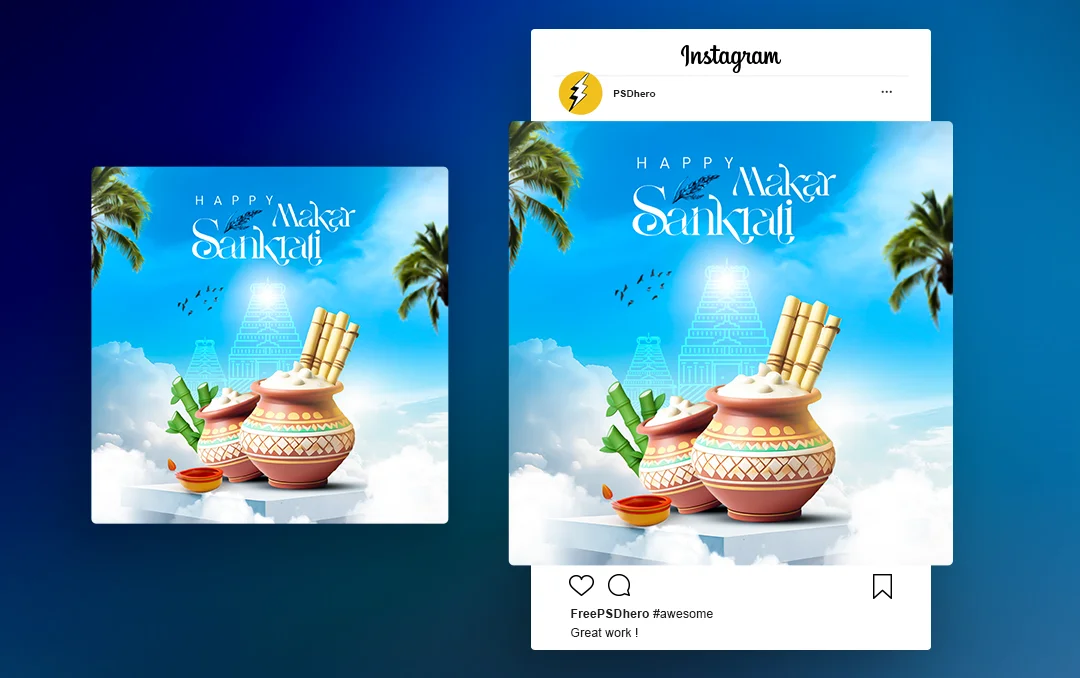 Creative Pongal PSD Template featuring colorful sugarcane, rice pots, and festive patterns with vibrant colors