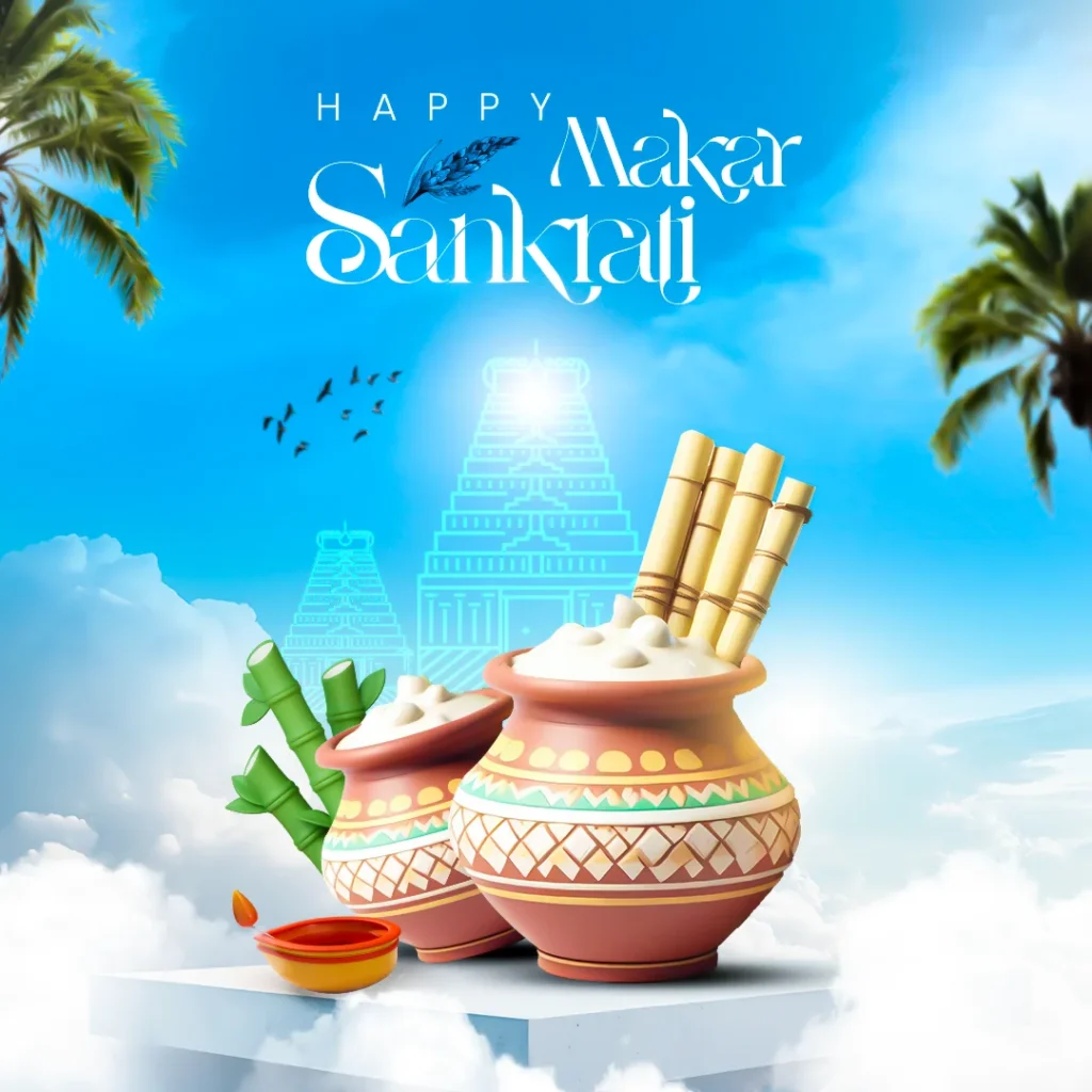 Creative Pongal PSD Template featuring colorful sugarcane, rice pots, and festive patterns with vibrant colors