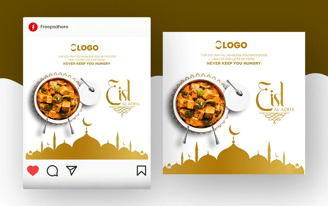 Free Eid ul-Adha PSD template for creating festive social media posts and greetings with elegant designs.
