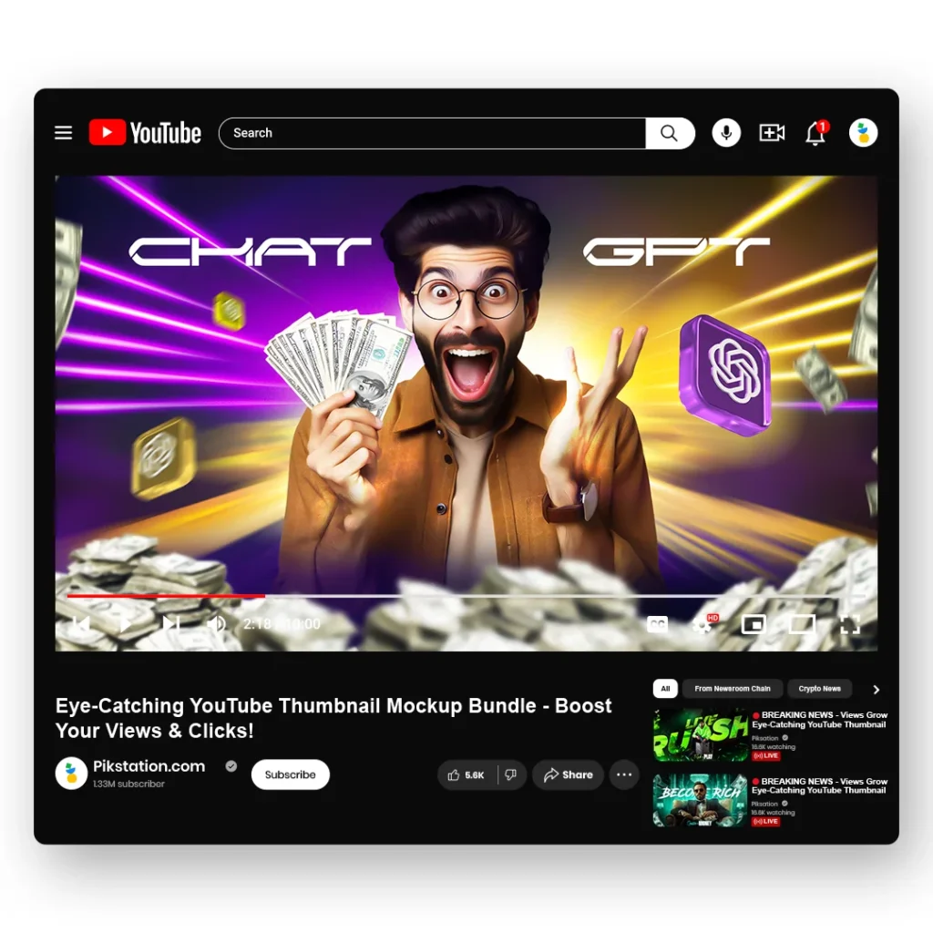 Free ChatGPT Thumbnail PSD template featuring AI graphics, money visuals, and bold text for tech and finance YouTube videos.