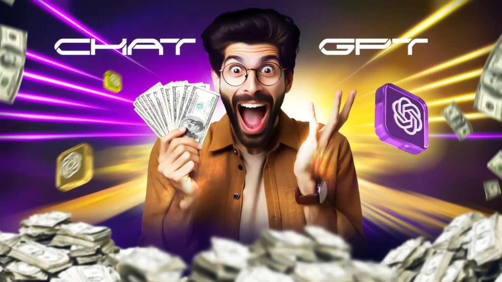 Free ChatGPT Thumbnail PSD template featuring AI graphics, money visuals, and bold text for tech and finance YouTube videos.