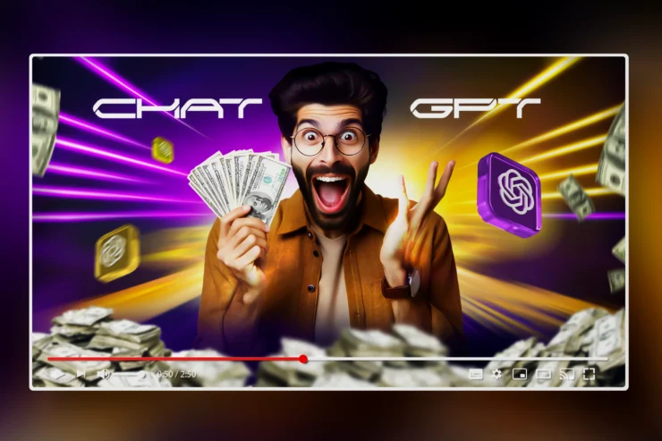 Free ChatGPT Thumbnail PSD template featuring AI graphics, money visuals, and bold text for tech and finance YouTube videos.