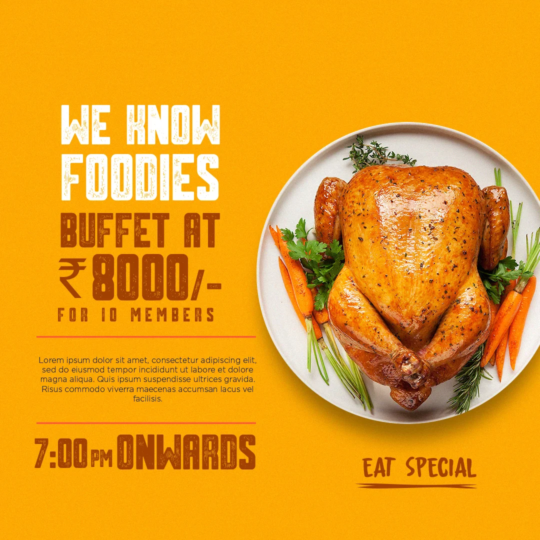 Customizable buffet free PSD template for promoting buffet menus, events, and restaurant offers