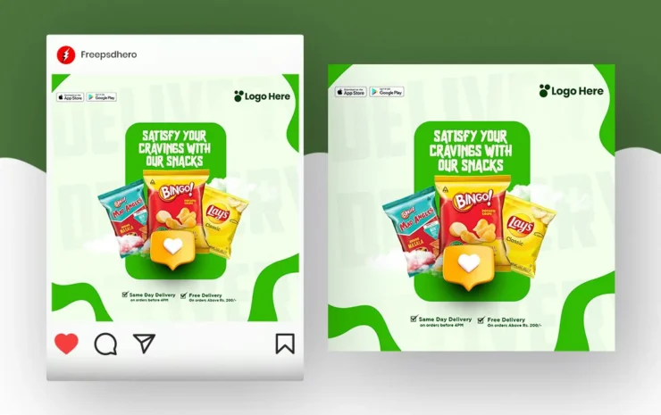 Snacks free PSD template with a creative and customizable design, perfect for promoting fast food, cafe snacks, and restaurant offers.