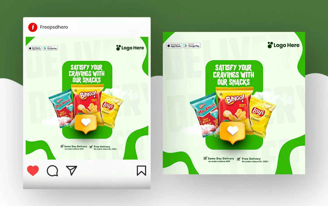 Snacks free PSD template with a creative and customizable design, perfect for promoting fast food, cafe snacks, and restaurant offers.