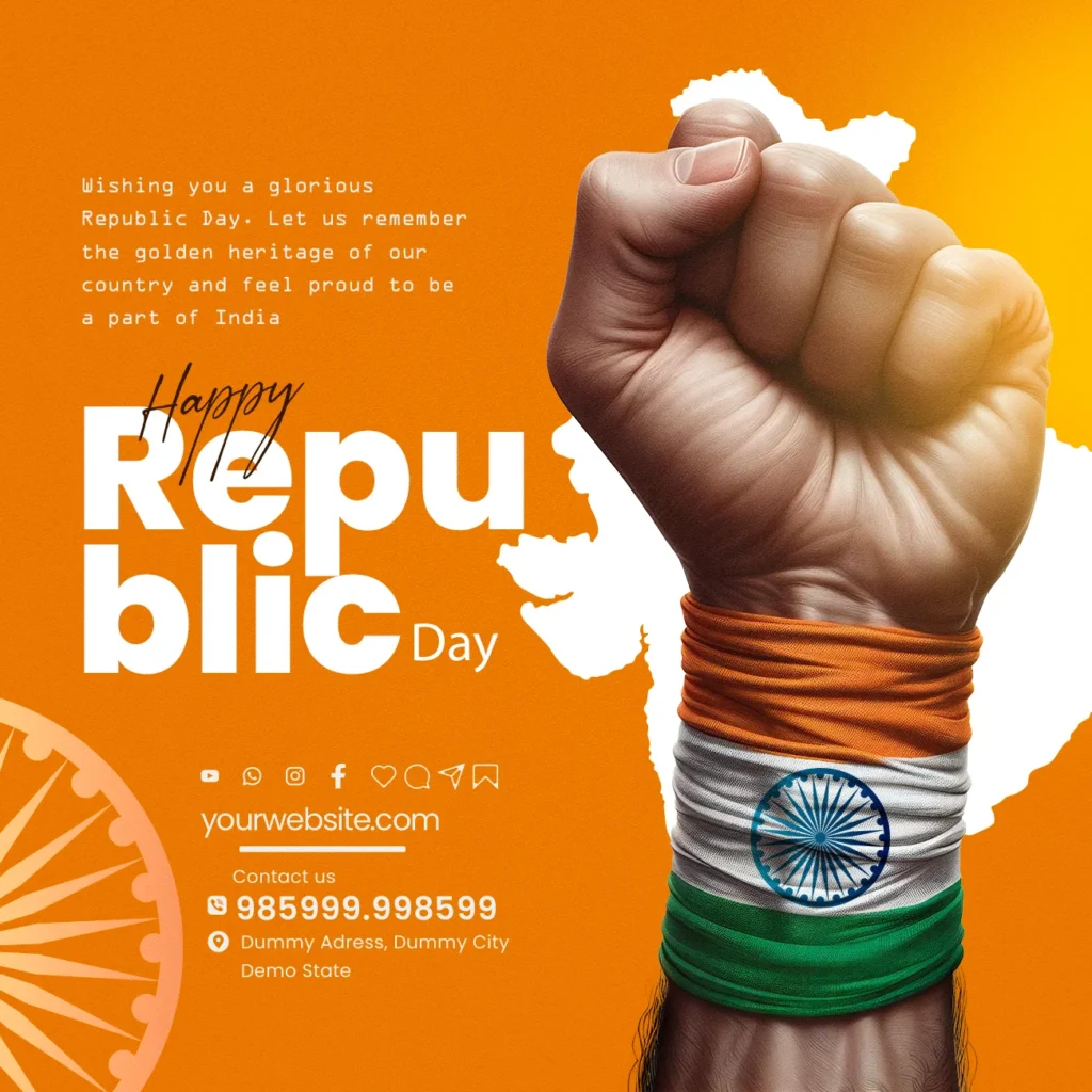 A vibrant Republic Day PSD template featuring a powerful fist wrapped in the Indian tricolor, with the map of India and Ashoka Chakra in the background, designed for creating engaging social media posts.