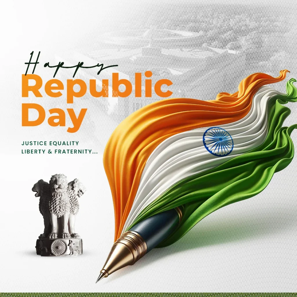 Free Republic Day PSD template featuring a vibrant tricolor flag, Ashoka pillar, and a pen symbolizing justice, equality, and liberty, designed for social media posts.
