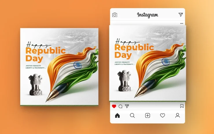 Free Republic Day PSD template featuring a vibrant tricolor flag, Ashoka pillar, and a pen symbolizing justice, equality, and liberty, designed for social media posts.