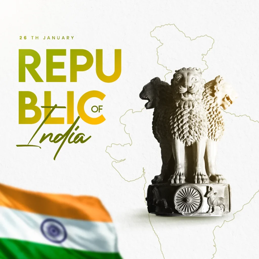 ree Republic Day flyer PSD template featuring the Indian tricolor, Lion Capital of Ashoka, and bold typography on a vibrant orange and white background, perfect for social media and promotional designs.
