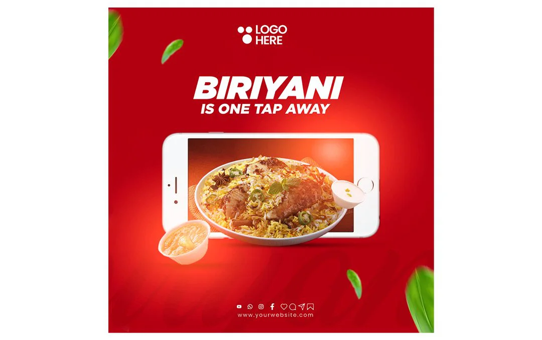 Biryani poster design with a rich and appetizing layout, ideal for promoting restaurants, special biryani deals, and food festivals
