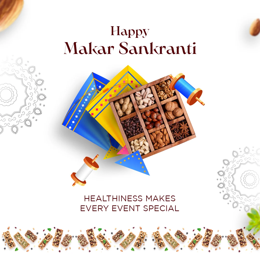 Free Pongal PSD template with a dry fruits theme, featuring traditional and festive design elements for greetings and promotions.