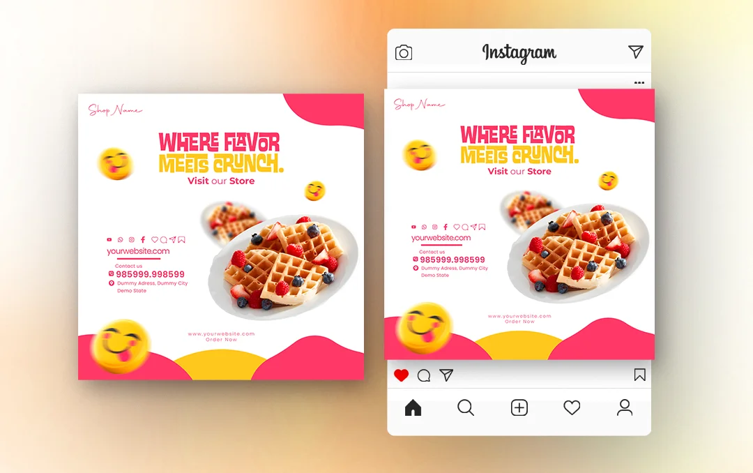 Waffle Instagram poster template with a delicious and customizable design, ideal for promoting waffle specials on social media.