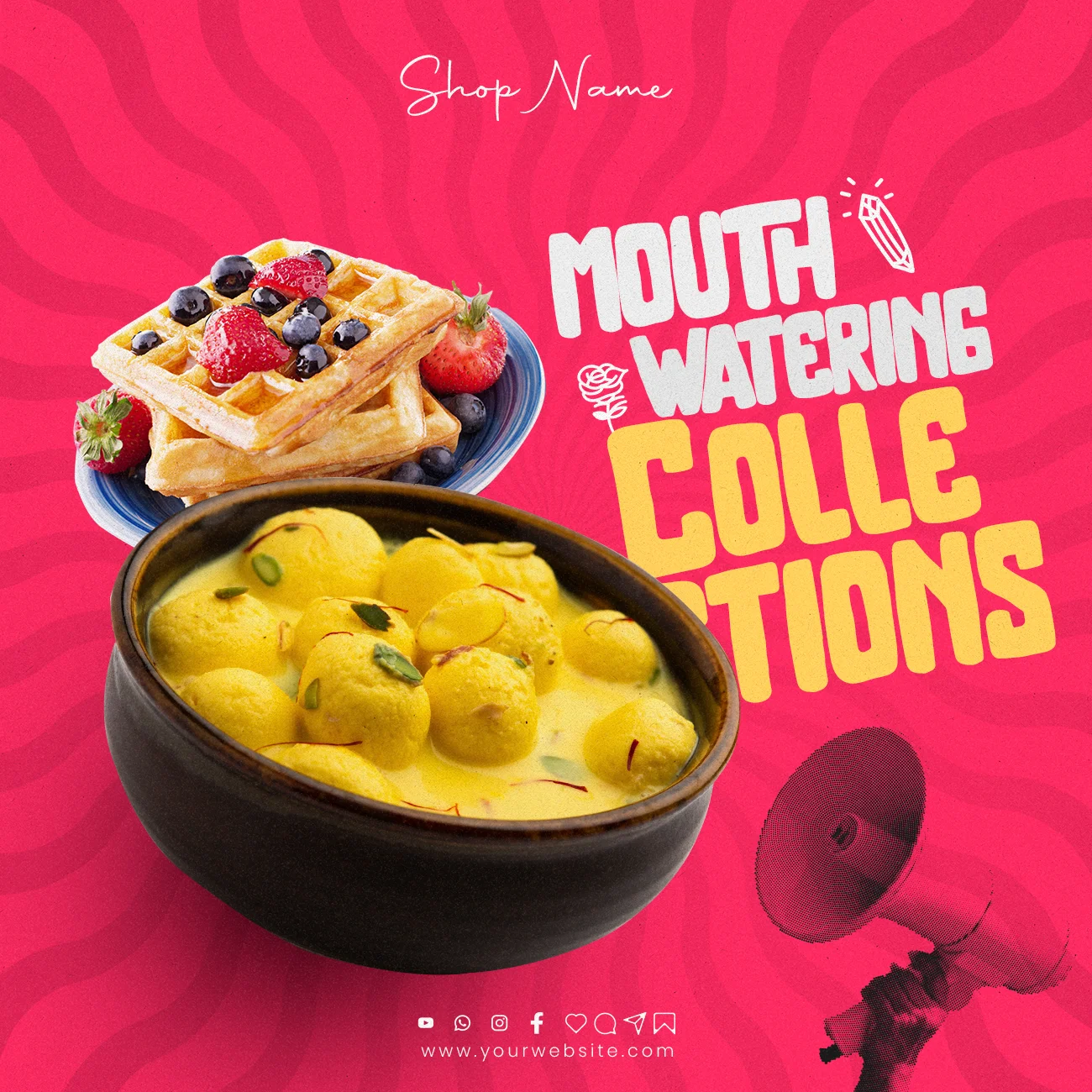 Waffle PSD template with customizable designs, ideal for promoting waffle specials and cafe menus