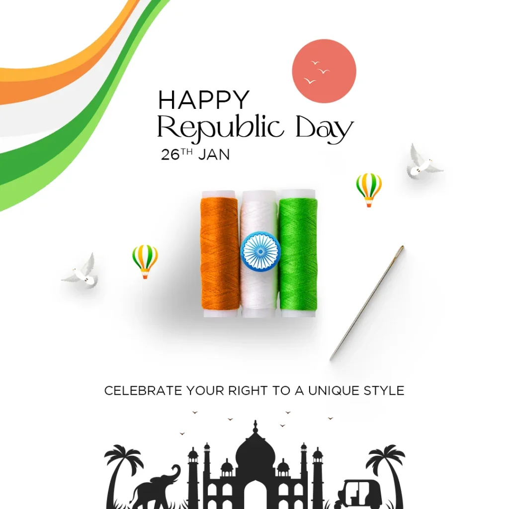 Republic Day PSD template featuring patriotic tricolor design, clothing store sale details, and festive typography for social media promotions