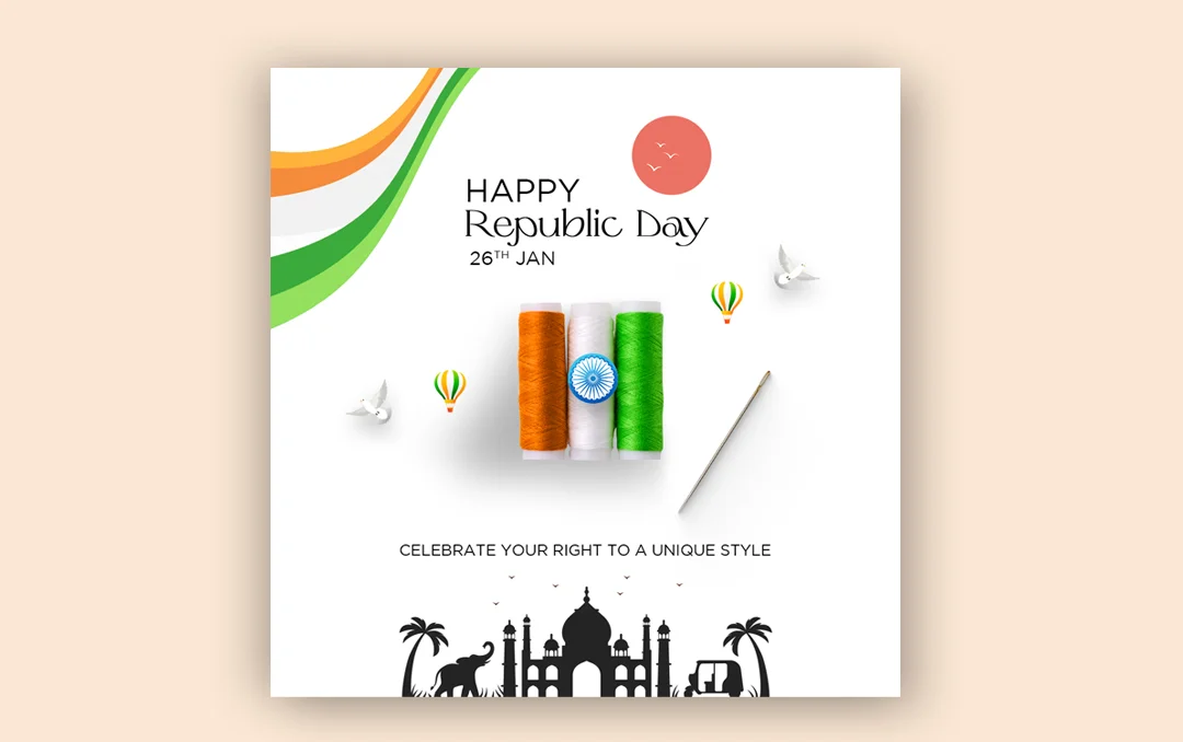 Republic Day PSD template featuring patriotic tricolor design, clothing store sale details, and festive typography for social media promotions