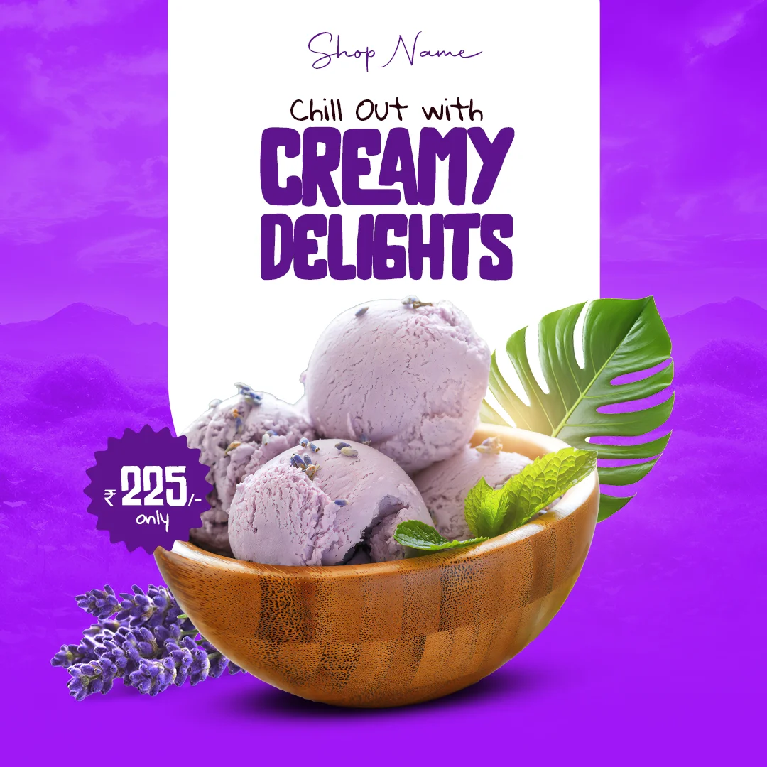 Free gelato social media post PSD template with a colorful and customizable design, ideal for promoting gelato deals, dessert shops, and online marketing.