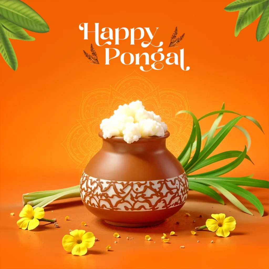 Orange theme 3D Pongal PSD template featuring sugarcane, Pongal pots, and festive patterns with vibrant colors.