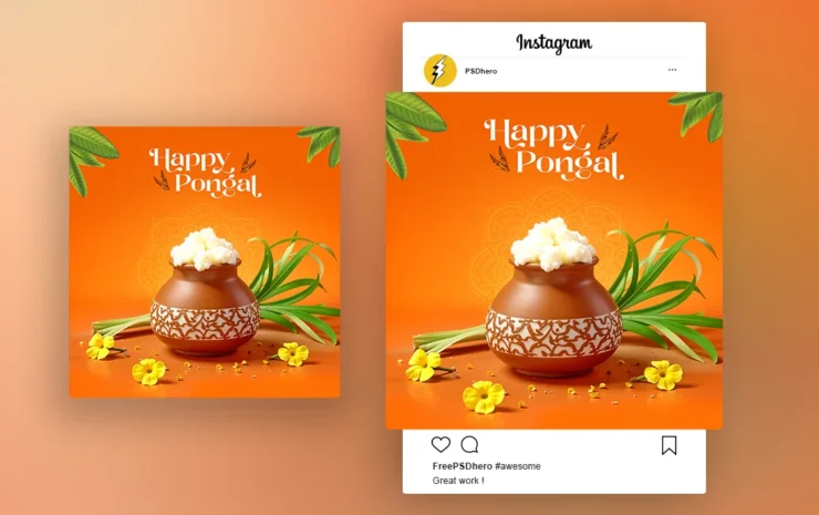 Orange theme 3D Pongal PSD template featuring sugarcane, Pongal pots, and festive patterns with vibrant colors.
