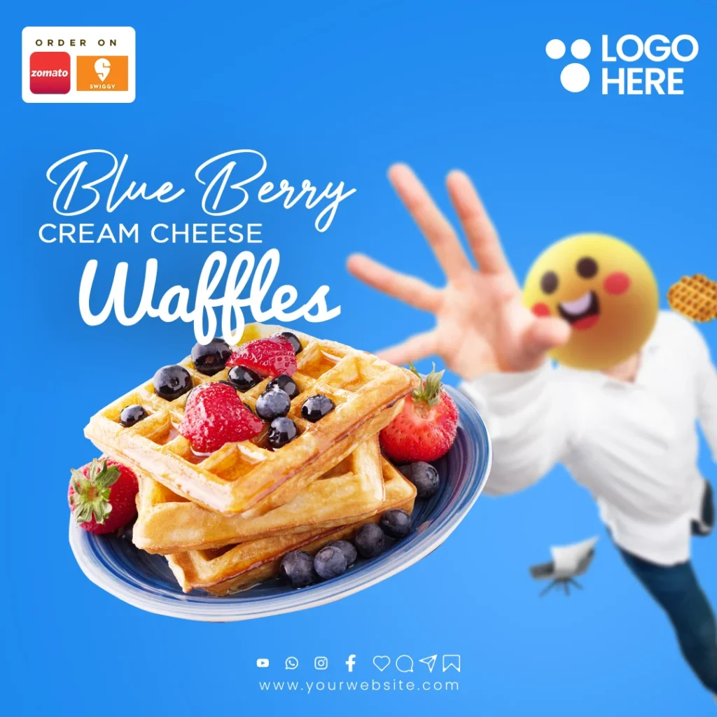 Waffle restaurant PSD template with a delicious and customizable design, ideal for promoting waffle shops, dessert menus, and special deals