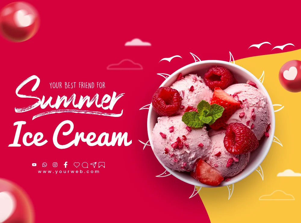 Customizable ice cream parlor flyer PSD template for promoting ice cream specials, events, and offers.