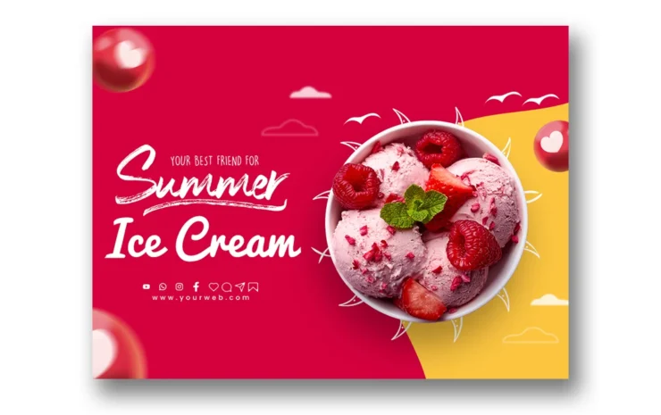 Customizable ice cream parlor flyer PSD template for promoting ice cream specials, events, and offers.