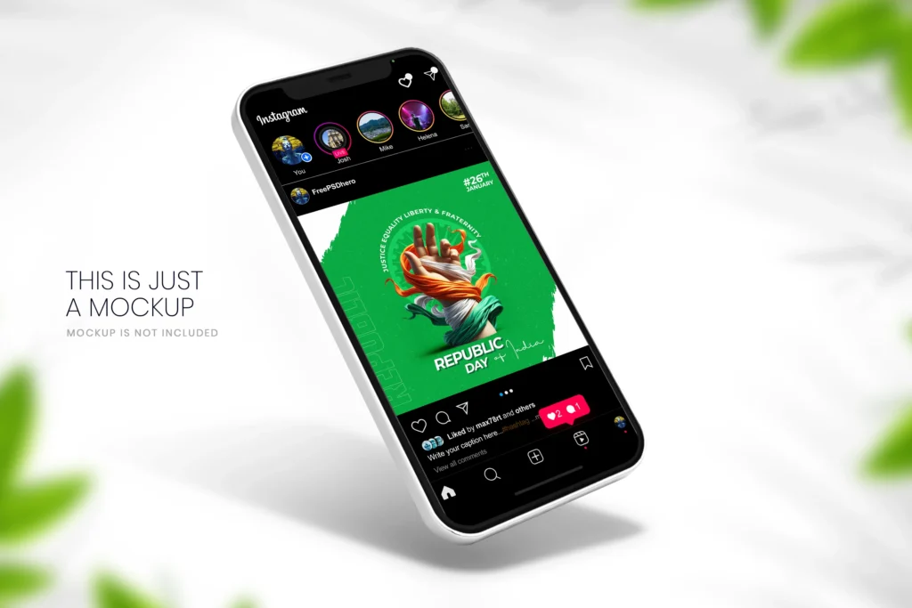 Free Happy Republic Day PSD template featuring a vibrant tricolor ribbon wrapped around a hand, the Ashoka Chakra, and bold typography, designed for social media posts.