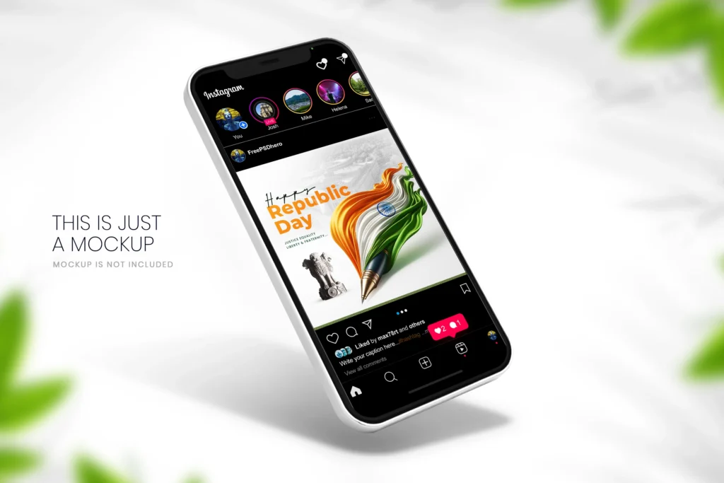 Free Republic Day PSD template featuring a vibrant tricolor flag, Ashoka pillar, and a pen symbolizing justice, equality, and liberty, designed for social media posts.