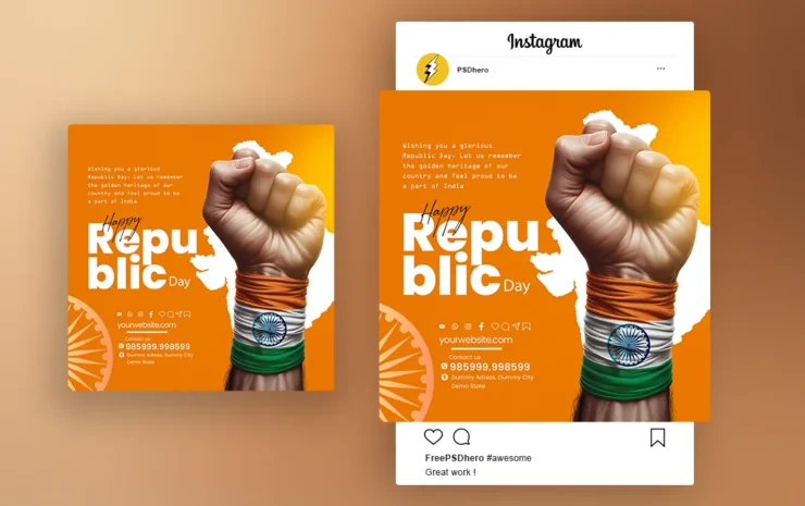 A vibrant Republic Day PSD template featuring a powerful fist wrapped in the Indian tricolor, with the map of India and Ashoka Chakra in the background, designed for creating engaging social media posts.
