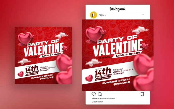 Free Valentine Party Flyer PSD Template featuring heart-themed graphics, red and pink colors, and elegant typography for event promotions.