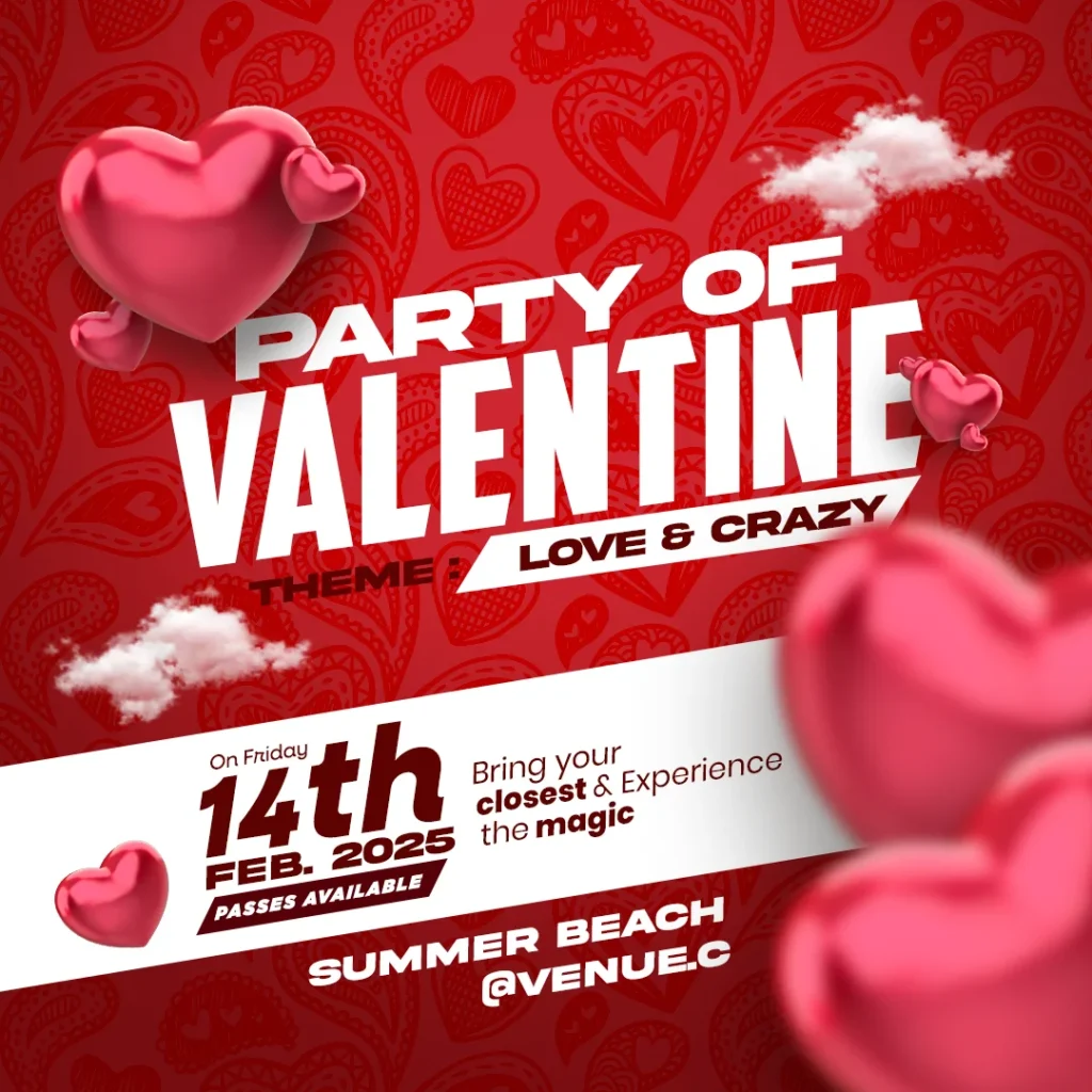 Free Valentine Party Flyer PSD Template featuring heart-themed graphics, red and pink colors, and elegant typography for event promotions.