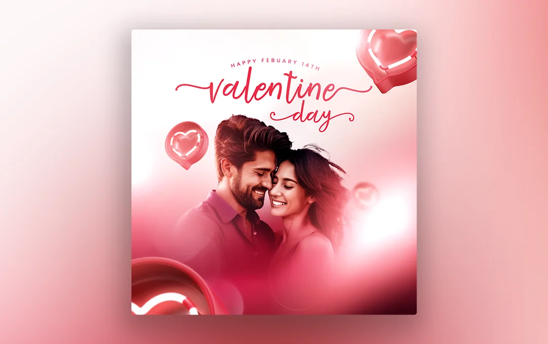 Love Couple Instagram Post PSD featuring two adorable birds, heart decorations, and a romantic Valentine’s Day theme.