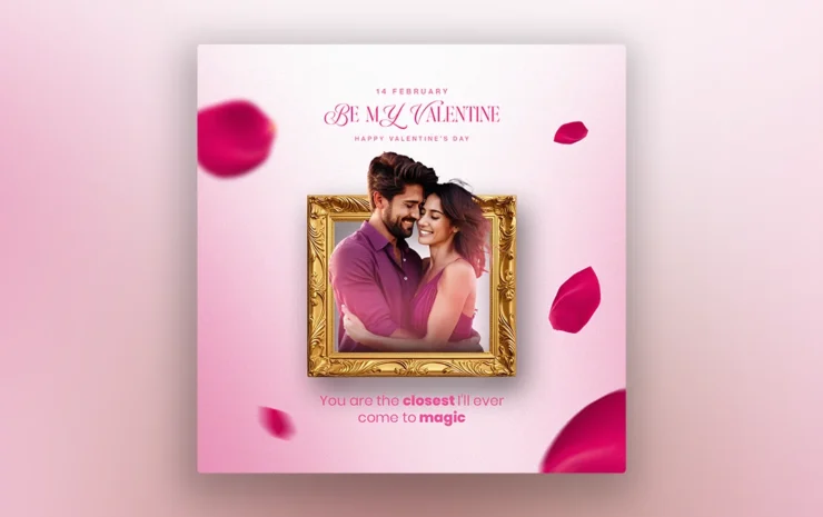 Elegant Free Valentine’s Day PSD Template featuring a romantic couple, heart-themed elements, and stylish fonts for event promotions.