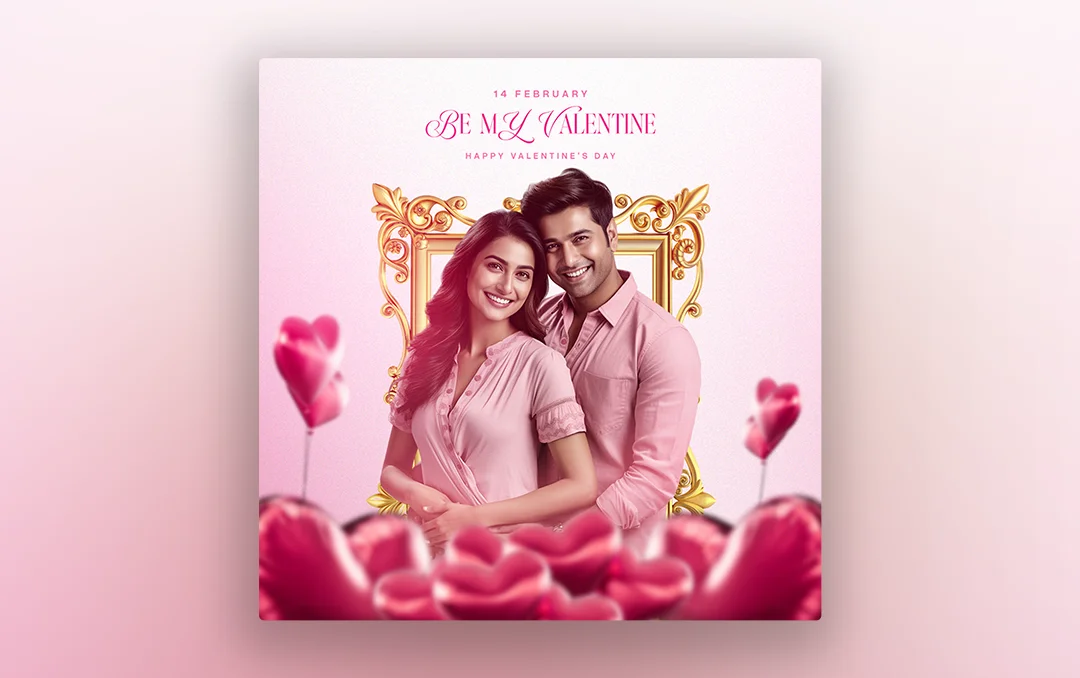Free Valentine’s Day Template featuring an adorable couple illustration, soft pastel colors, and romantic typography for greeting cards and social media posts