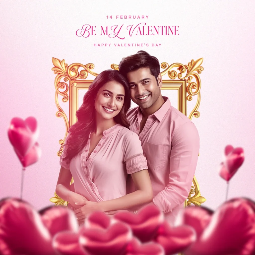 Free Valentine’s Day Template featuring an adorable couple illustration, soft pastel colors, and romantic typography for greeting cards and social media posts