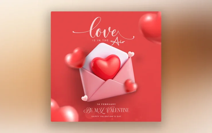 Free PSD for Valentine’s Day banner featuring romantic heart graphics, elegant typography, and festive colors for social media promotions.