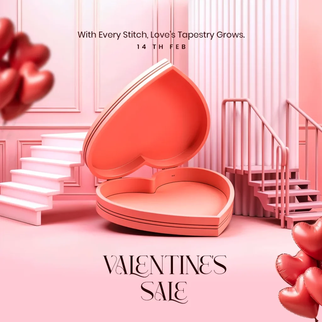 Valentine Sale Flyer Template featuring a stylish podium layout, heart decorations, and elegant typography for promotional designs.