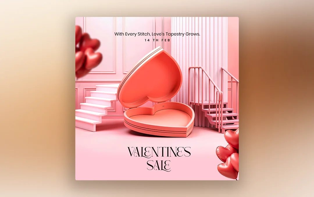 Valentine Sale Flyer Template featuring a stylish podium layout, heart decorations, and elegant typography for promotional designs.