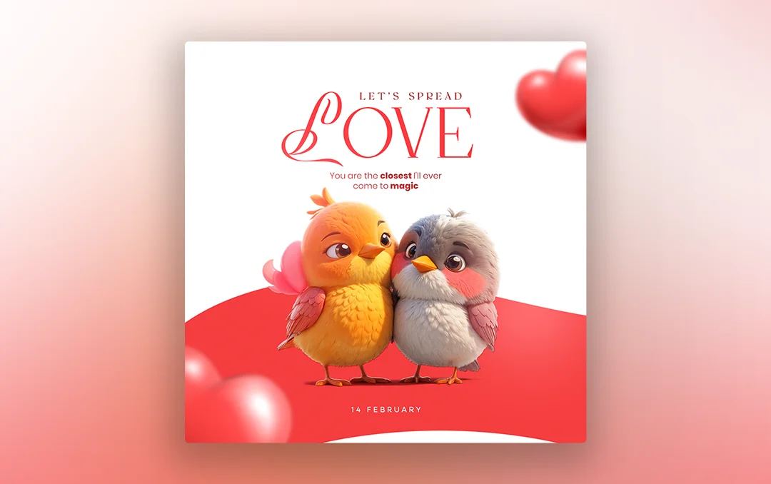 Love Couple Instagram Post PSD featuring two adorable birds, heart decorations, and a romantic Valentine’s Day theme.