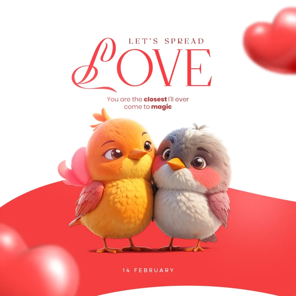 Love Couple Instagram Post PSD featuring two adorable birds, heart decorations, and a romantic Valentine’s Day theme.
