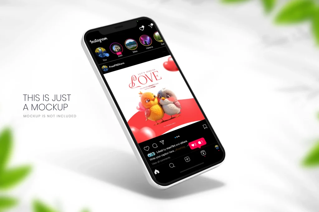 Love Couple Instagram Post PSD featuring two adorable birds, heart decorations, and a romantic Valentine’s Day theme.