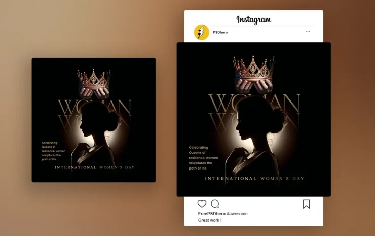 Women's Day PSD Free template featuring a woman silhouette with a crown being placed on her head, symbolizing empowerment and appreciation.