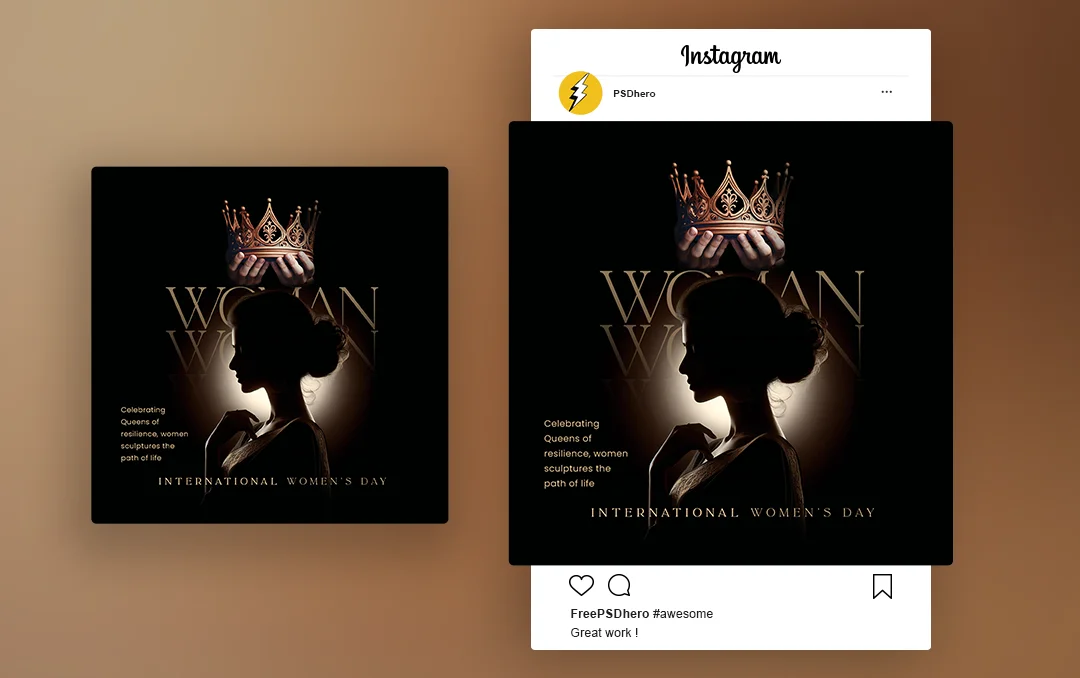 Women's Day PSD Free template featuring a woman silhouette with a crown being placed on her head, symbolizing empowerment and appreciation.