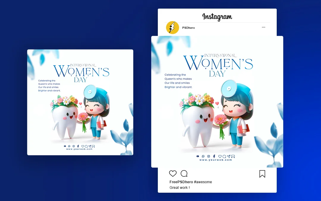 Happy Women's Day Dental PSD template featuring a Pixar-style human tooth character giving flowers to a woman dentist, elegant blue-themed design.