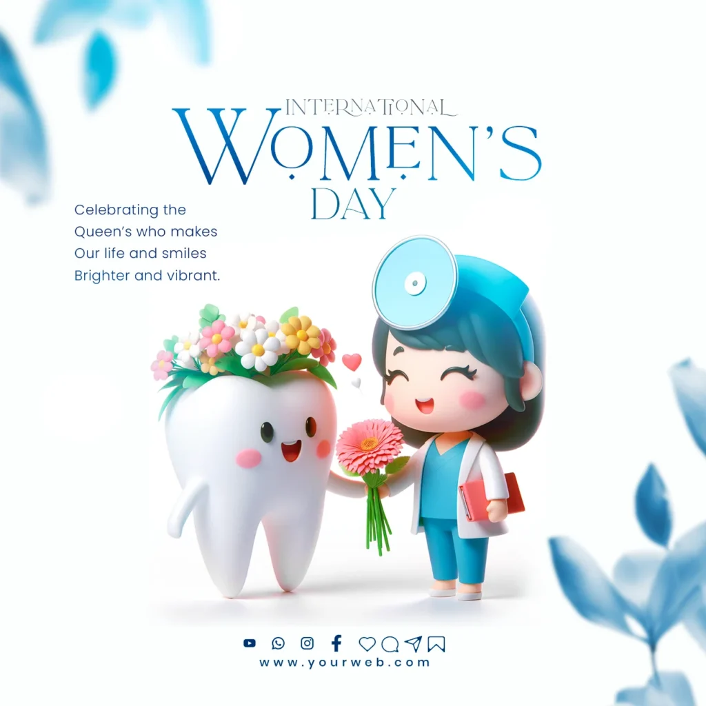 Happy Women's Day Dental PSD template featuring a Pixar-style human tooth character giving flowers to a woman dentist, elegant blue-themed design.