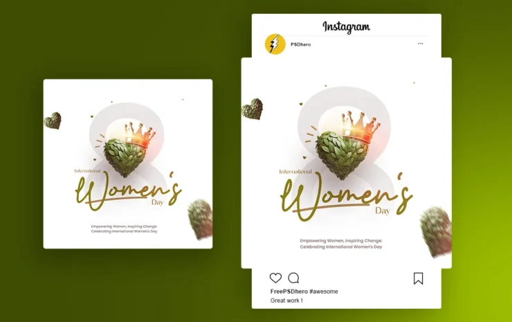 Women's Day PSD Download featuring a green heart made of leaves, a crown on top, and the number 8 in the background, symbolizing empowerment and nature.
