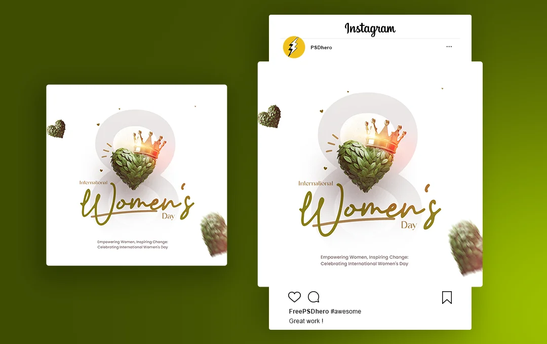 Women's Day PSD Download featuring a green heart made of leaves, a crown on top, and the number 8 in the background, symbolizing empowerment and nature.