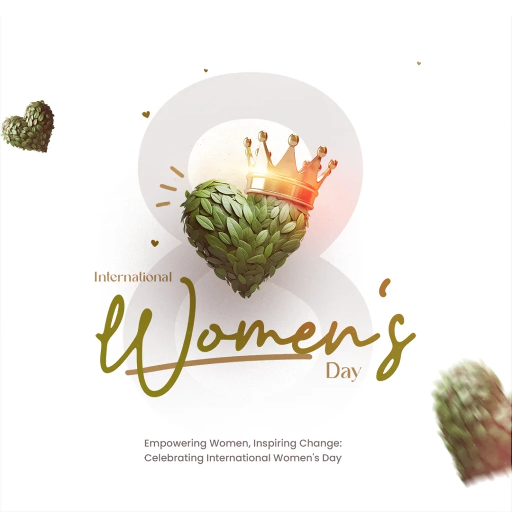 Women's Day PSD Download featuring a green heart made of leaves, a crown on top, and the number 8 in the background, symbolizing empowerment and nature.